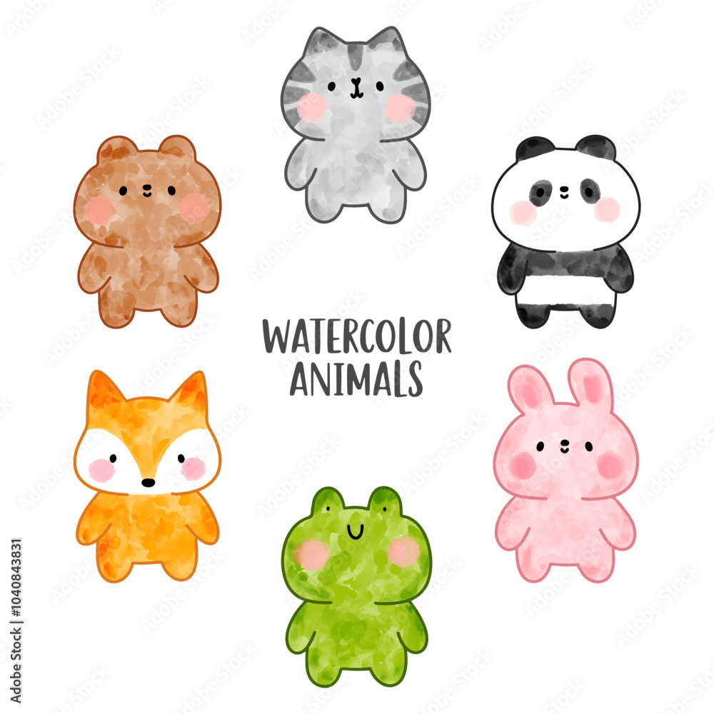 Obraz premium Cute watercolor vector animals set with kitten, frog, fox, teddy bear, panda, bunny.