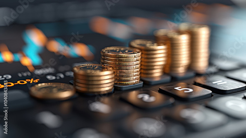 Stacked coins on calculator symbolize financial growth and investment strategies. background features digital display, enhancing theme of modern finance