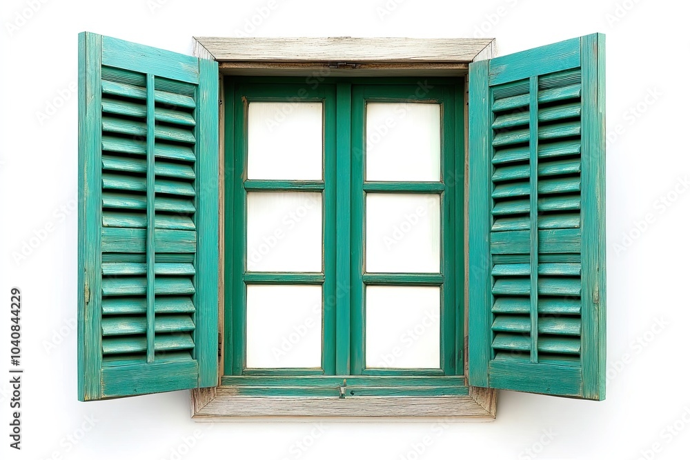 Obraz premium open window with green wooden shutters on white background