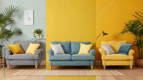 Cozy pastel blue sofas with colorful cushions against light yellow walls create cheerful and inviting atmosphere. plants add touch of nature to decor