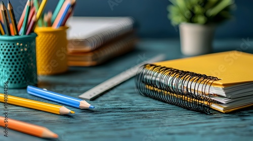 Carefully arranged school supplies including notebooks pencils and a ruler laid out on a desk prepared and ready for the first day of the new school term photo