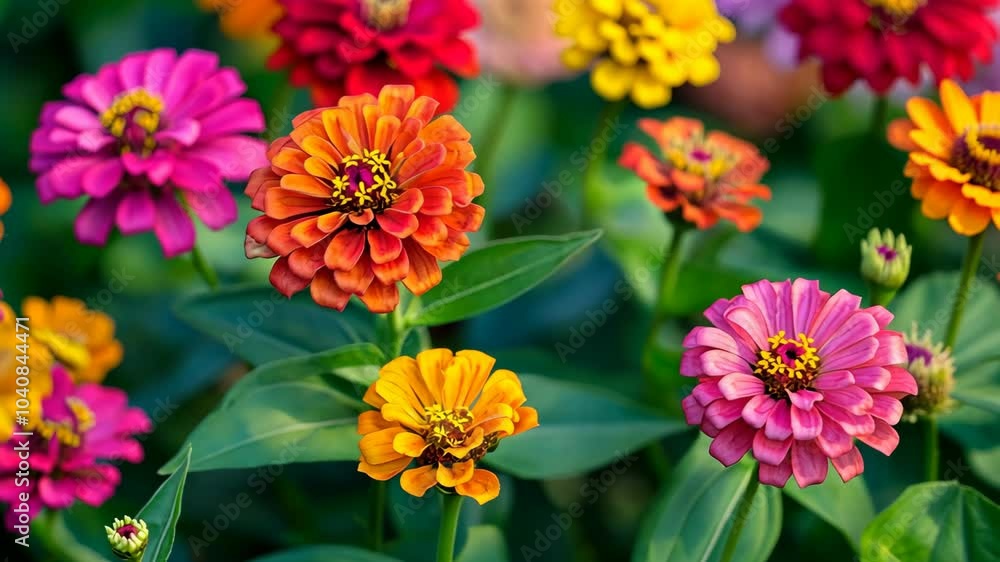 Colorful zinnias bloom in a garden on a sunny day Colorful zinnias bloom in a garden on a sunny day