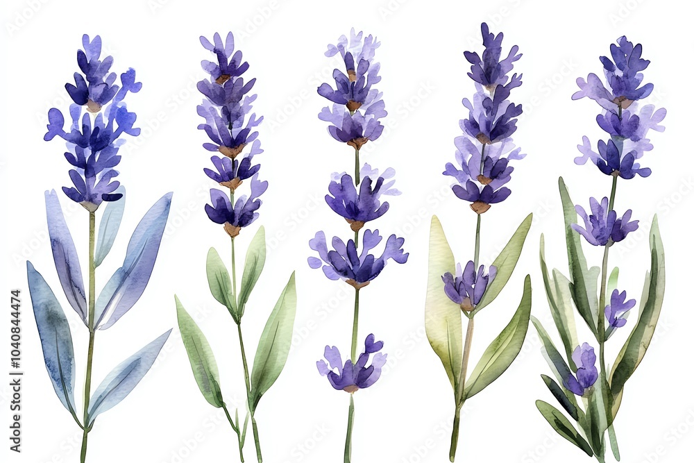 Fototapeta premium Watercolor illustration of five lavender sprigs with purple flowers and green leaves on a white background.