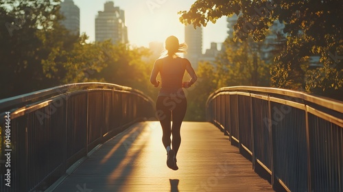 Fototapeta Naklejka Na Ścianę i Meble -  Athletic Woman Working Out. Jogging across a bridge. Trees, Sun and city can be seen in the background. 