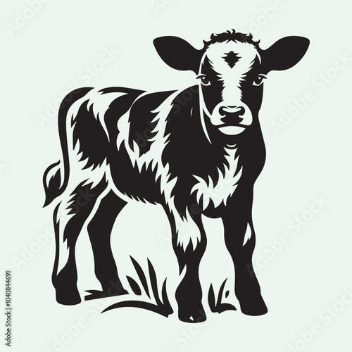 baby cow silhouette vector icon black and white  full body