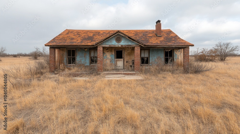 Abandoned house in a grassy field under overcast skies. Abandoned house in a grassy field under overcast skies.