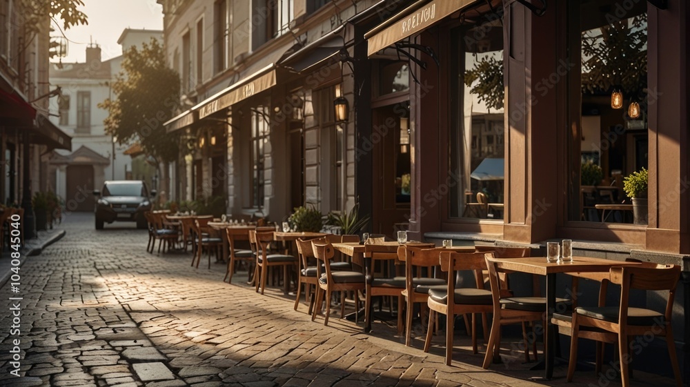 Outdoor restaurant terrace over a street view in the morning Outdoor restaurant terrace over a street view in the morning