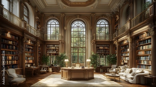 Expansive elegant classic reading room featuring a grand wooden desk towering bookshelves and high ceilings a serene scholarly workspace perfect for research study and contemplation