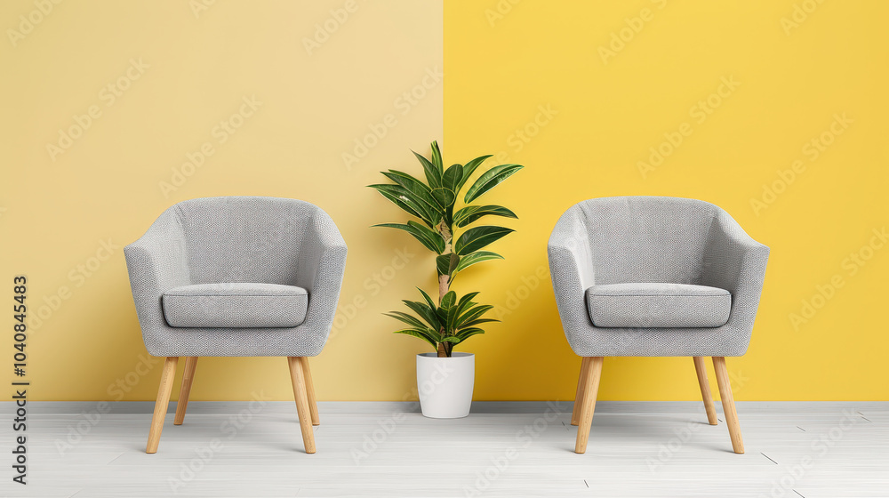 Fototapeta premium Cozy gray armchairs are positioned against vibrant yellow wall, complemented by lush green plant in white pot, creating cheerful and inviting atmosphere