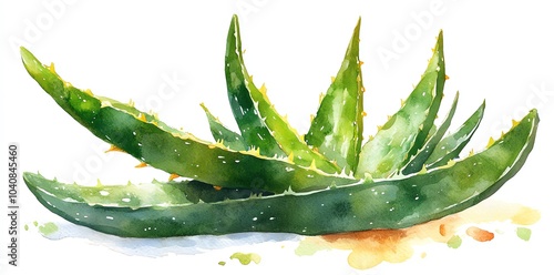A watercolor painting of a group of aloe vera leaves with some splatter paint in the background.