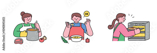 People wearing aprons and cooking.Cute face people upper body character illustration with outline.