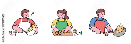 People wearing aprons and cooking.Cute face people upper body character illustration with outline.