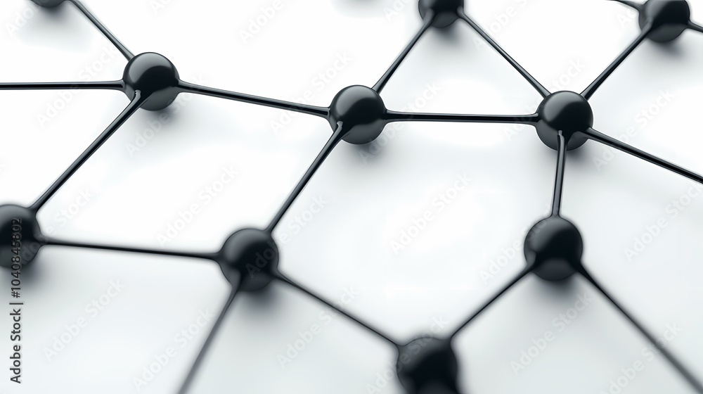 The image shows a close-up of a black and white abstract network of connected spheres. The image shows a close-up of a black and white abstract network of connected spheres.