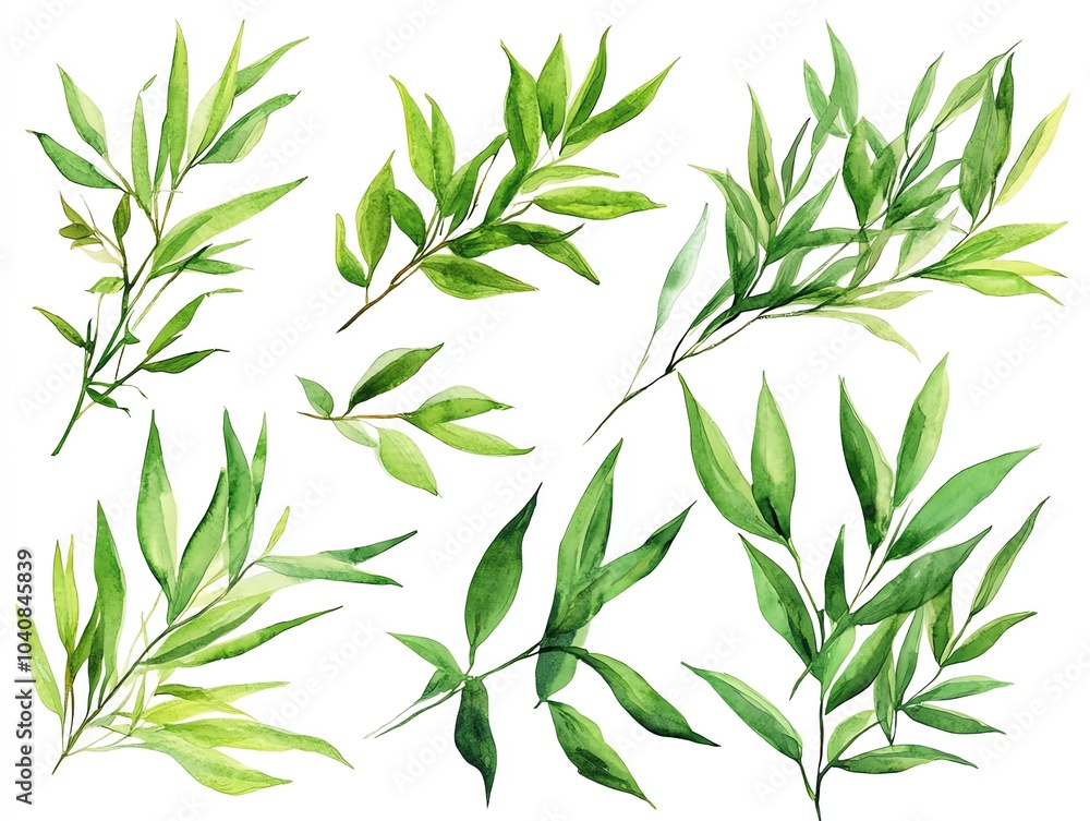 Fototapeta premium Watercolor illustration of green leaves isolated on white background.