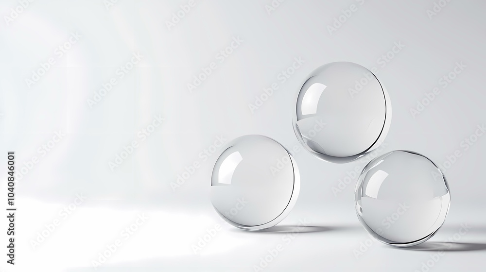 Three glass spheres sit on a white surface, with the leftmost sphere casting a shadow. Three glass spheres sit on a white surface, with the leftmost sphere casting a shadow.
