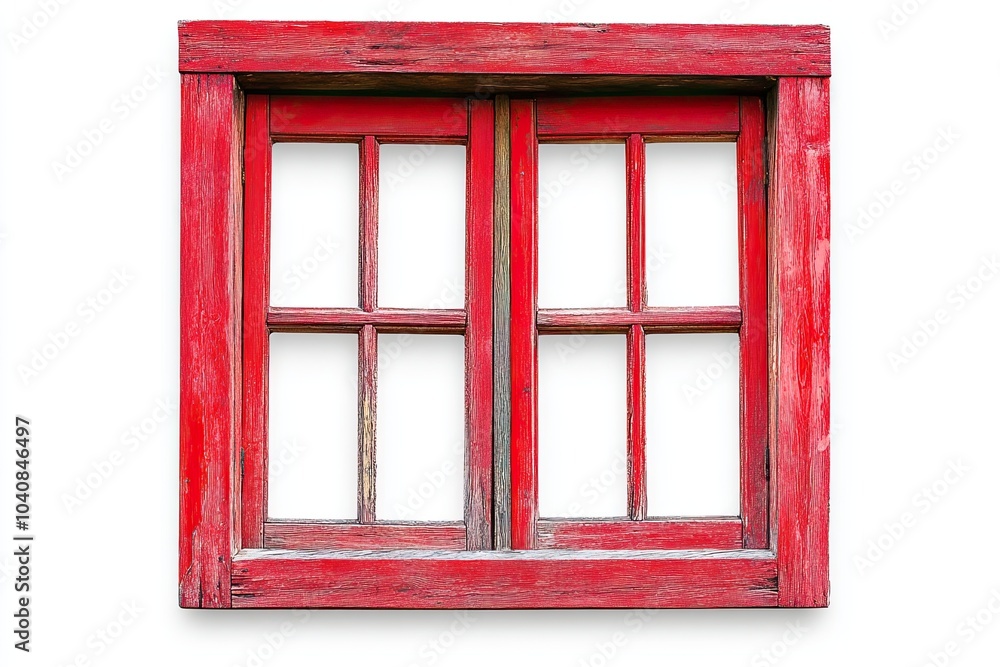 Obraz premium Wooden window frame isolated on white. Empty copy space rustic cottage house. Red paint window background. Vintage cabin construction. Countryside architecture texture. Window frame cutout