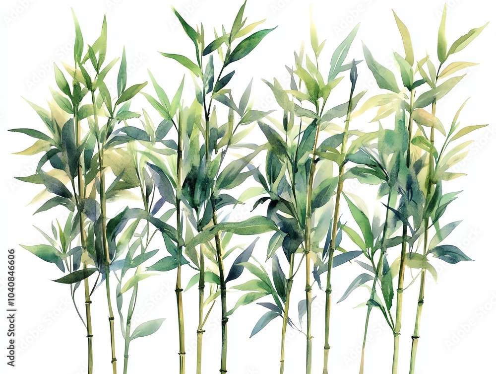 Watercolor painting of a cluster of bamboo stalks with lush green leaves, isolated on white background. Watercolor painting of a cluster of bamboo stalks with lush green leaves, isolated on white background.