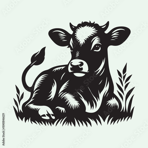 baby cow silhouette vector icon black and white  full body