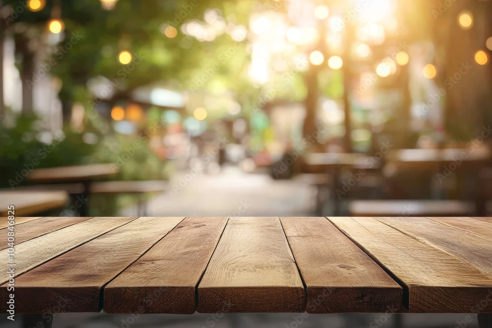 Wooden Table Top With Blurred Background of a Cafe. Wooden Table Top With Blurred Background of a Cafe.