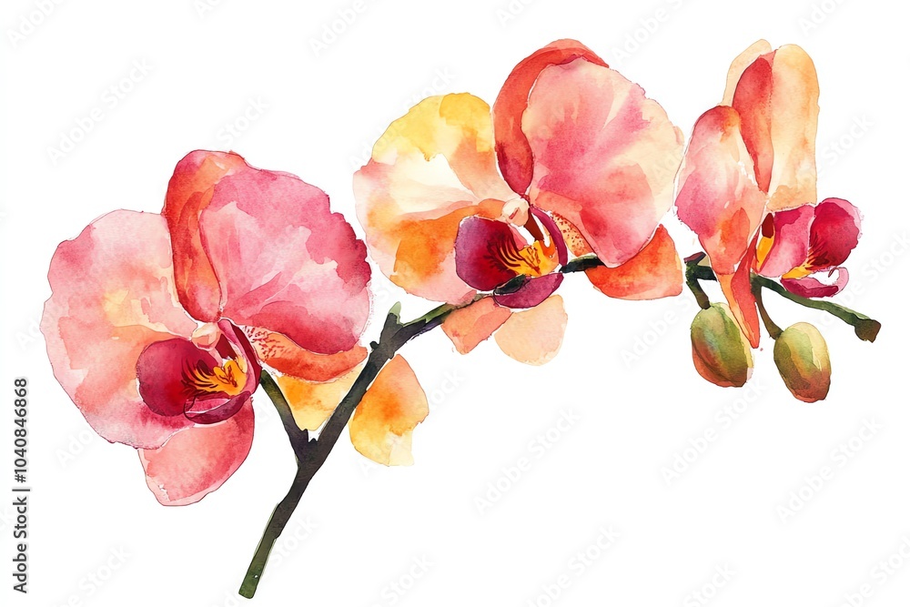 Obraz premium Watercolor painting of pink and orange orchid flowers on a white background.