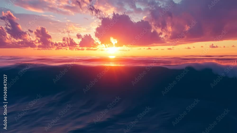 The sun sets over the ocean, casting a fiery glow on the clouds The sun sets over the ocean, casting a fiery glow on the clouds