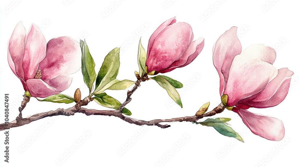 Fototapeta premium Watercolor painting of a magnolia branch with three pink flowers and green leaves, isolated on white background.
