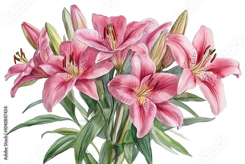 A cluster of pink lilies with green leaves, isolated on white background.