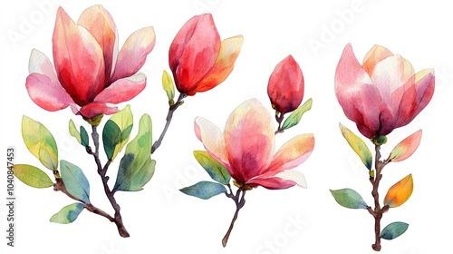 Watercolor illustration of pink magnolia flowers and green leaves isolated on a white background.