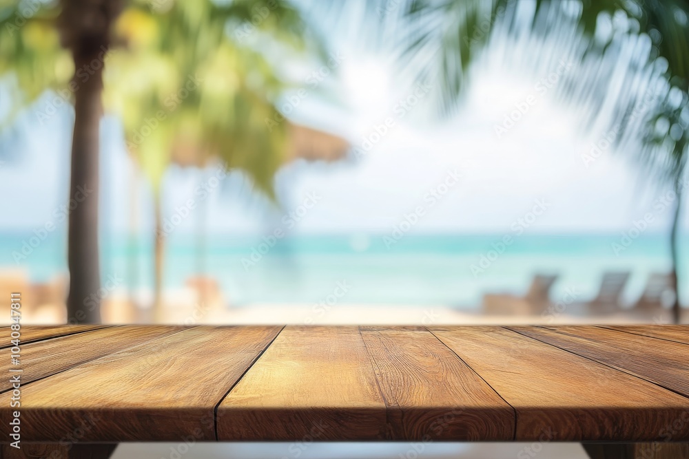 Wooden table top with a blurry beach scene in the background. Wooden table top with a blurry beach scene in the background.