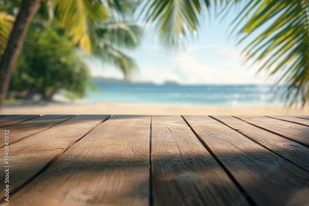 Wooden planks against the background of the sea and palm leaves. Wooden planks against the background of the sea and palm leaves.