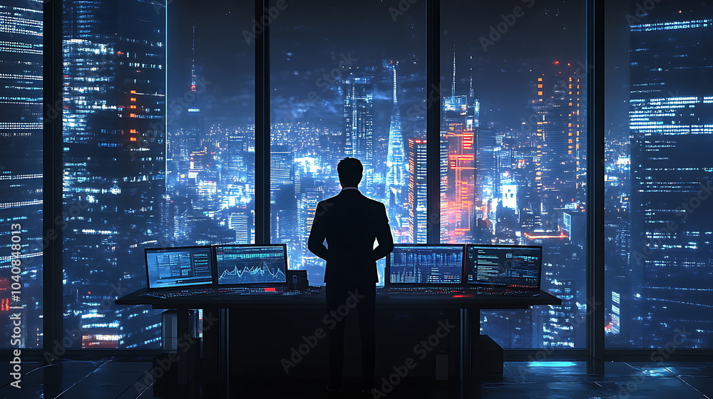 business person futuristic office with neon lights, digital screens and high-tech ambiance. AI generated business person futuristic office with neon lights, digital screens and high-tech ambiance. AI generated