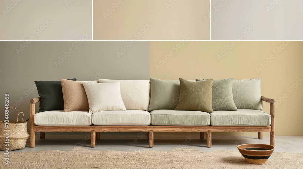 stylish soft mint sofa with various cushions sits against pale yellow wall, creating serene and inviting atmosphere. natural wood frame complements soft colors beautifully stylish soft mint sofa with various cushions sits against pale yellow wall, creating serene and inviting atmosphere. natural wood frame complements soft colors beautifully