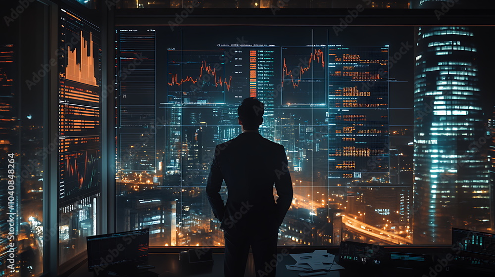 business person futuristic office with neon lights, digital screens and high-tech ambiance. AI generated business person futuristic office with neon lights, digital screens and high-tech ambiance. AI generated