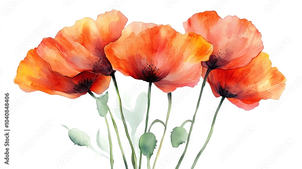 Obraz premium A watercolor painting of four vibrant red poppies with green stems and buds against a white background.