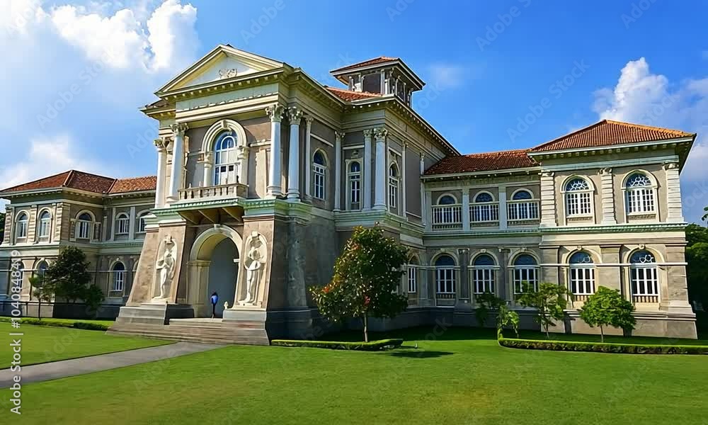 A large, grey stone building with a red tile roof and white columns stands on a green lawn with palm trees. There is a walkway leading to the building. A large, grey stone building with a red tile roof and white columns stands on a green lawn with palm trees. There is a walkway leading to the building.
