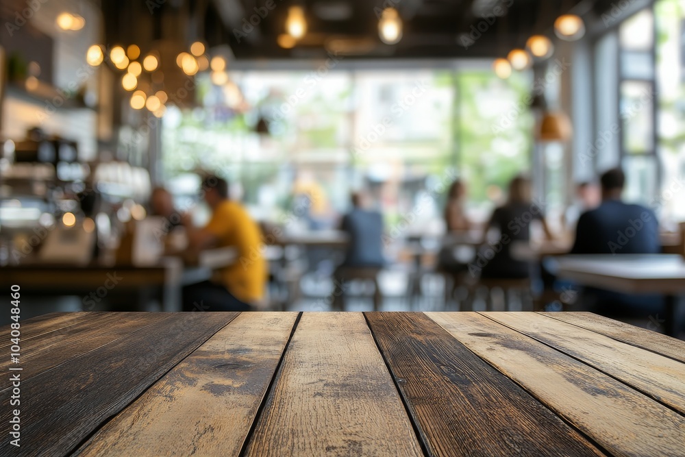 Wooden table top with blurred background of people eating at a coffee shop, cafe interior design for product display montage. This stock photo could be used for text in 2.3 of the space Wooden table top with blurred background of people eating at a coffee shop, cafe interior design for product display montage. This stock photo could be used for text in 2.3 of the space