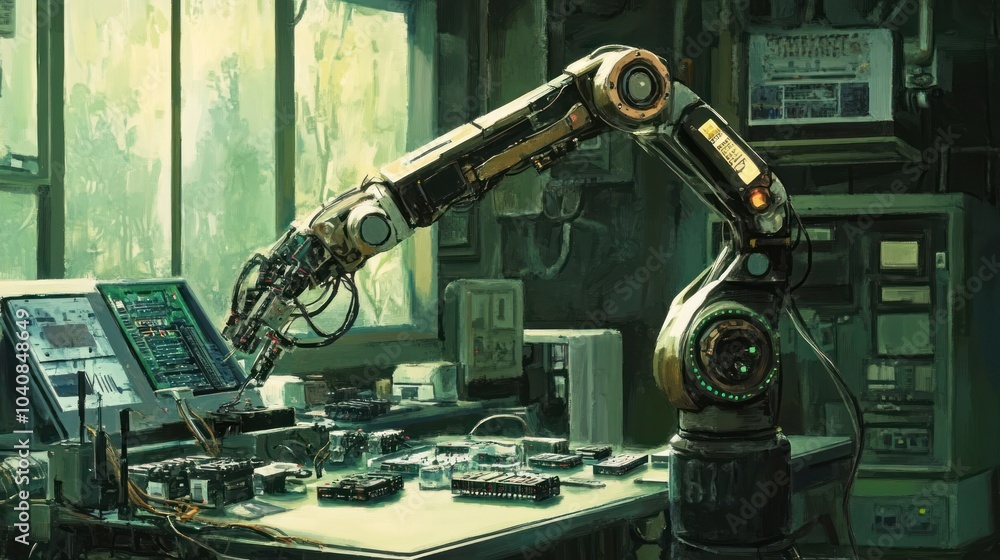 A robotic arm in a workshop setting, working on a project with electronic components, futuristic concept. A robotic arm in a workshop setting, working on a project with electronic components, futuristic concept.