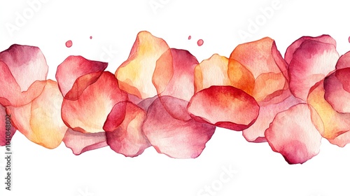 Watercolor seamless pattern with red and yellow rose petals isolated on white background.