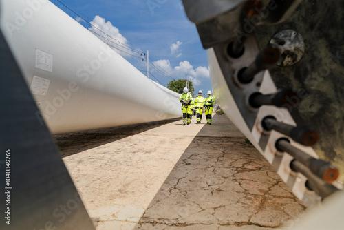 Engineers in high visibility gear assess a large wind turbine blade at a construction site under a bright blue sky, representing the implementation of renewable energy technology.