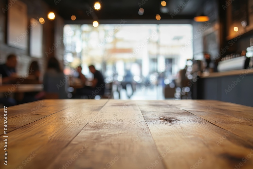 A close-up view of a rustic wooden table in a cafe, with a blurred background of people and light fixtures. A close-up view of a rustic wooden table in a cafe, with a blurred background of people and light fixtures.