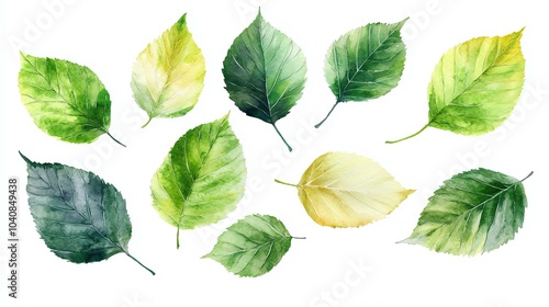 Watercolor painting of 10 green and yellow leaves on a white background.