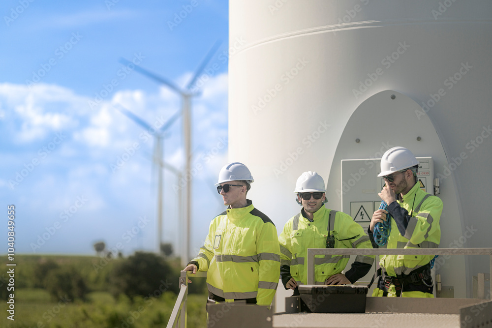 Fototapeta premium engineers stand on a platform, equipped with safety gear and ropes, in front of a wind farm. Wind turbines stretch across the background, showcasing the renewable energy infrastructure.