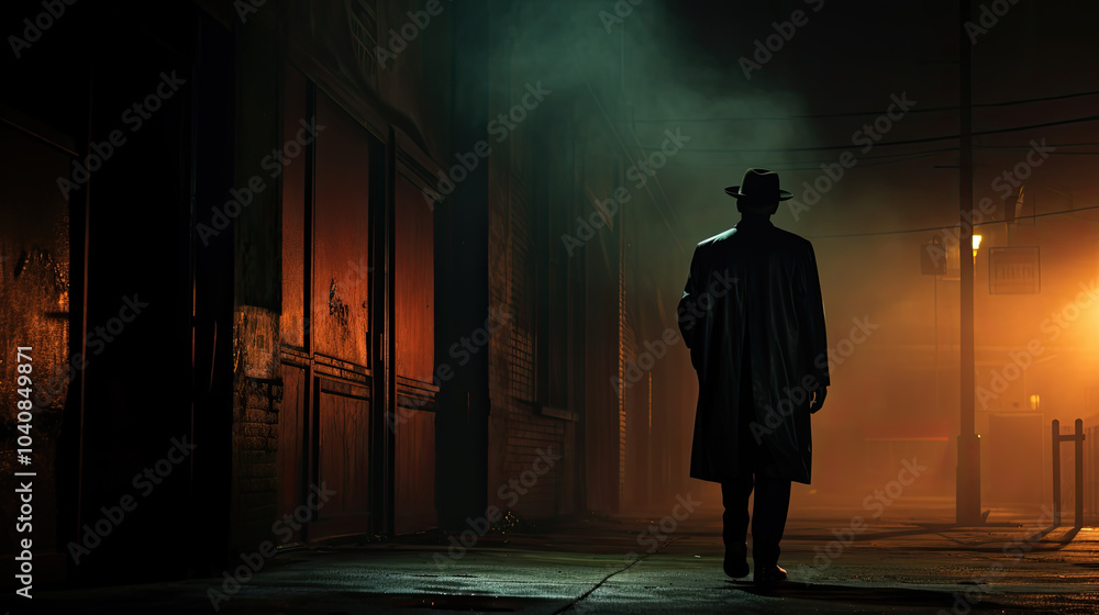 View from behind of a man on a dark and dangerous street at night View from behind of a man on a dark and dangerous street at night