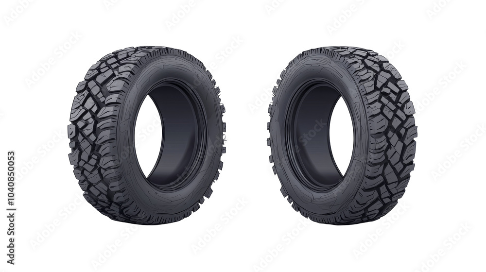 Two rugged off-road tires showcased against a black background, highlighting their tread patterns and robust design. Two rugged off-road tires showcased against a black background, highlighting their tread patterns and robust design.