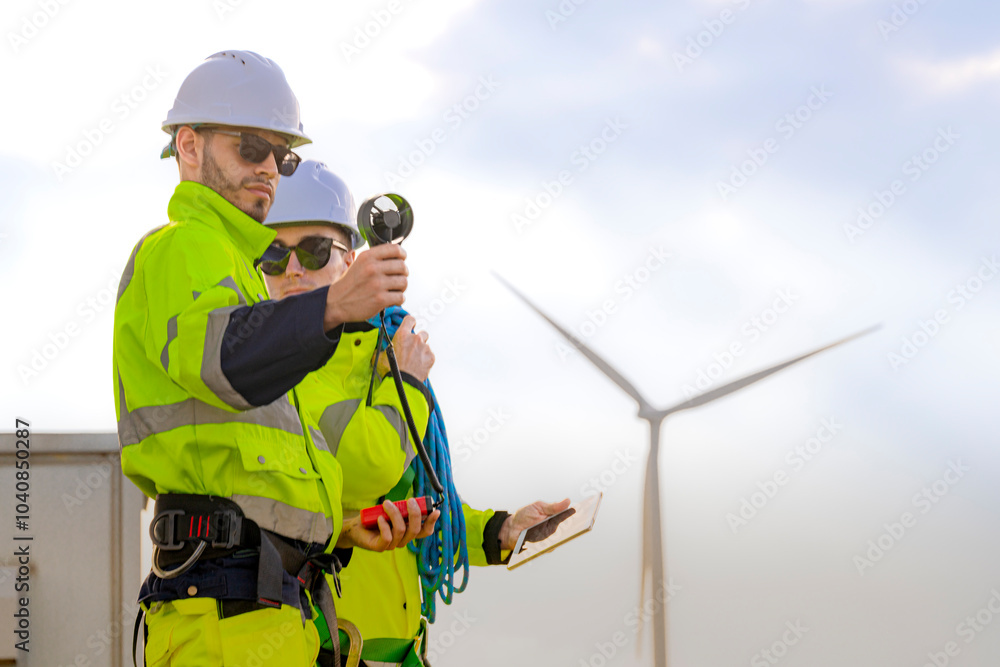 Two engineers wearing high visibility safety jackets and helmets measure wind speed with an anemometer and analyze data on a tablet at a renewable energy site. The cloudy sky adds depth to the scene. Two engineers wearing high visibility safety jackets and helmets measure wind speed with an anemometer and analyze data on a tablet at a renewable energy site. The cloudy sky adds depth to the scene.
