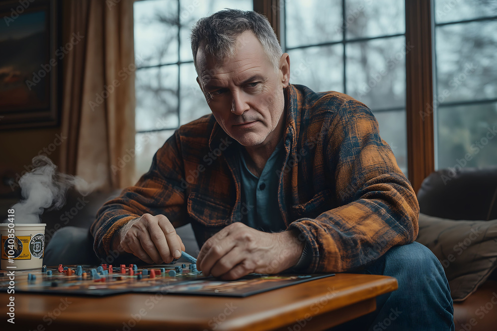 Mature man concentrating on his next move in a board game, with a hot drink steaming beside him Mature man concentrating on his next move in a board game, with a hot drink steaming beside him