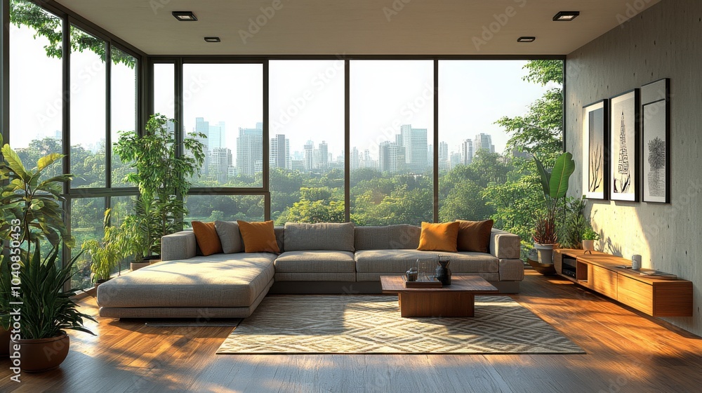 Modern living room with city view and greenery. Modern living room with city view and greenery.