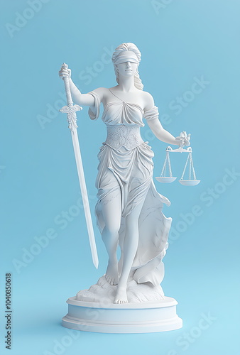 3D white Lady Justice statue blue background, AI generated