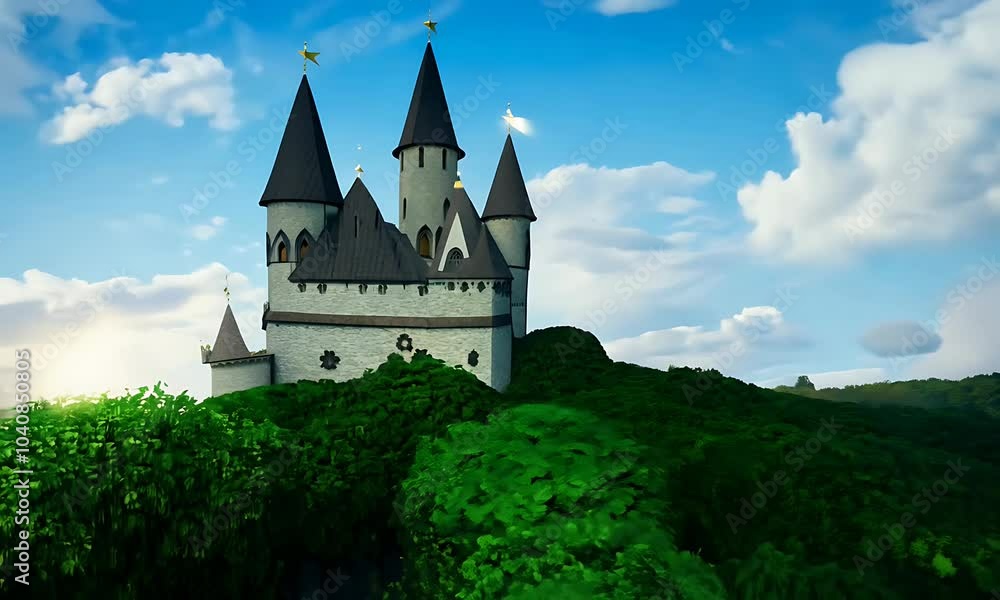A Majestic Stone Castle Stands Tall on a Lush Green Hilltop with a Blue Sky and White Fluffy Clouds A Majestic Stone Castle Stands Tall on a Lush Green Hilltop with a Blue Sky and White Fluffy Clouds