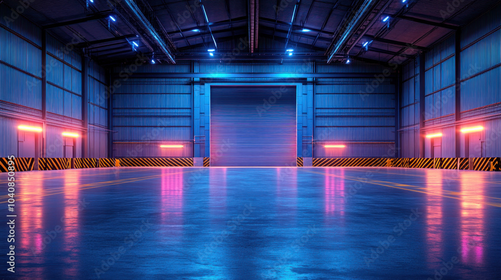 Fototapeta premium A large, empty warehouse with neon lights and a blue ceiling. Scene is industrial and futuristic